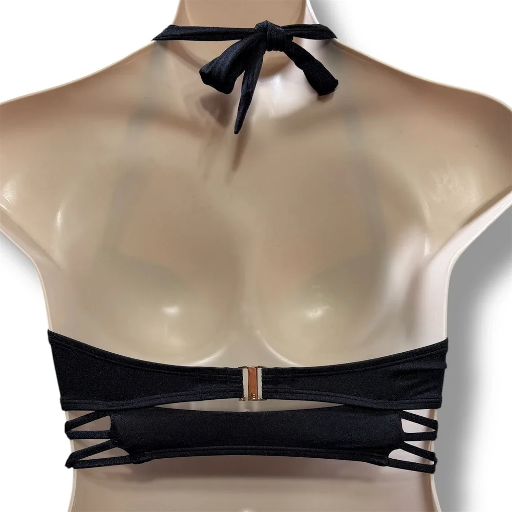 Victorias Secret Black Push Up Halter Bikini Set 36D Large Ruched High‎ Waist